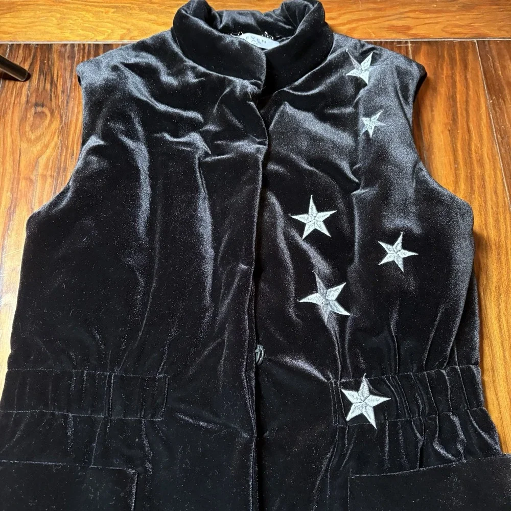 Seven Lab NYC Black Velvet Star Long Vest Woolmark Russia Sz M Fun Art Unique